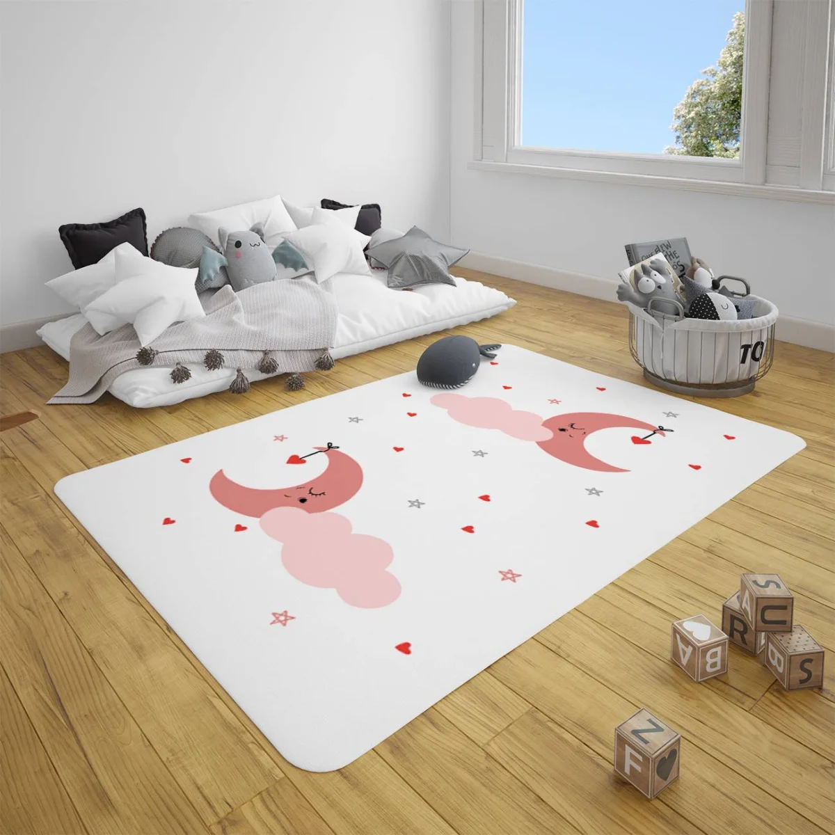 Ay ve Bulut Çocuk Halısı | Beyaz pembe ay, bulut Desenli