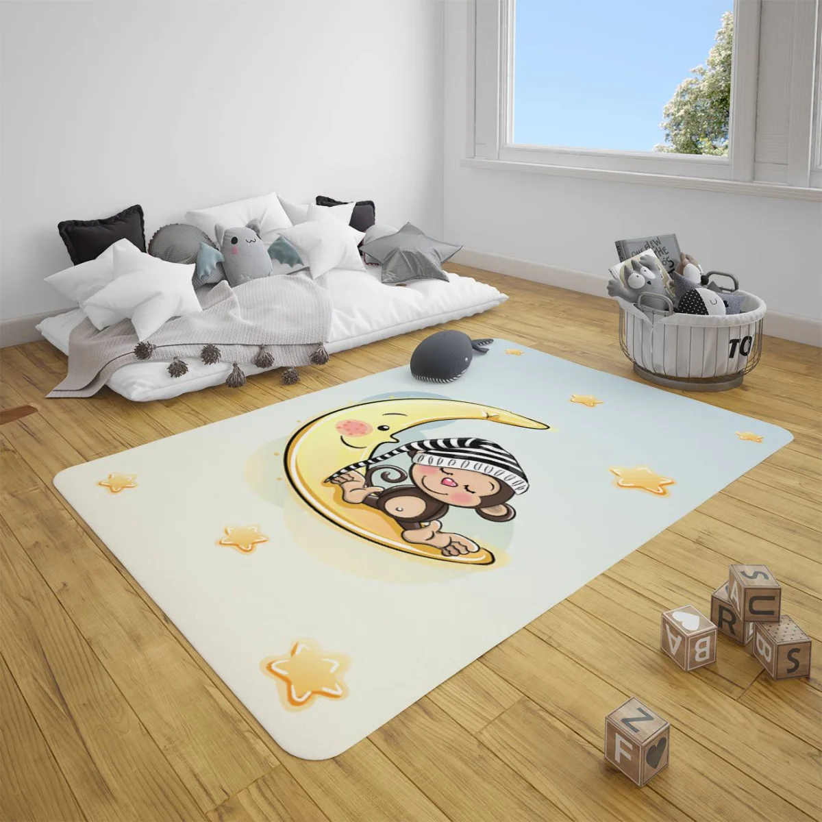 Ay ve Maymun Çocuk Halısı | Mavi yıldız, ay Desenli
