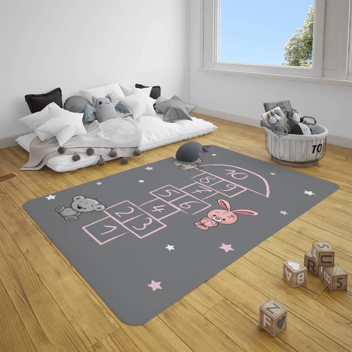 Hayvanlar Çocuk Halısı | Gri yıldızlar, seksek oyunu Desenli