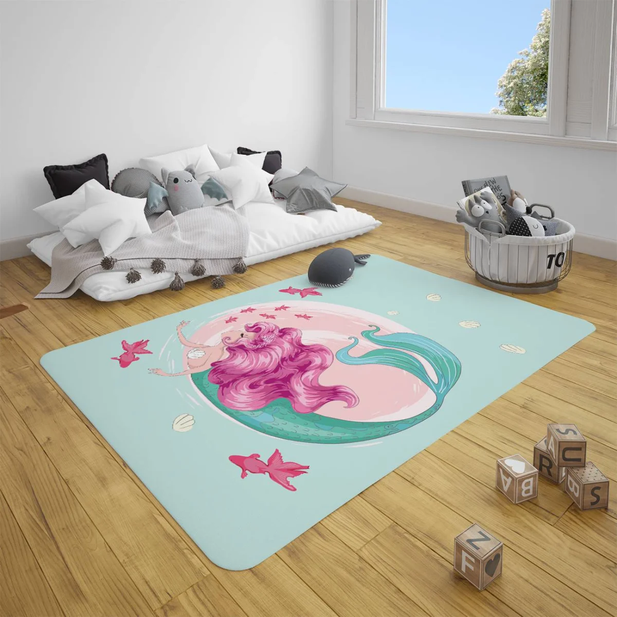 Deniz Kızı Çocuk Halısı | Mavi pembe balıklar, deniz kabukları Desenli