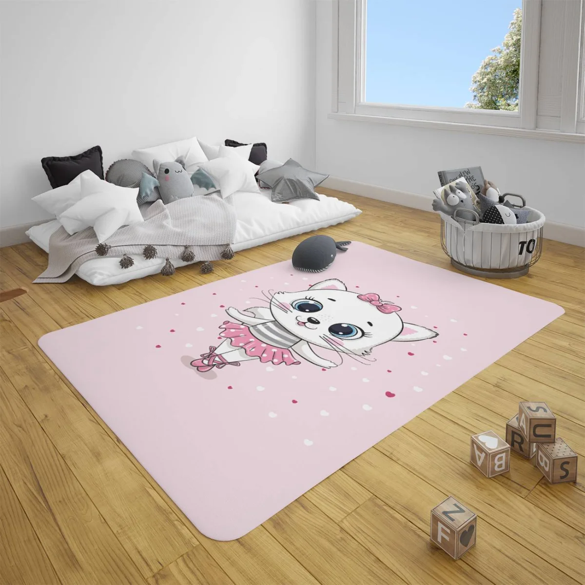 Balerin Kedi Çocuk Halısı | Pembe Kalp Desenli