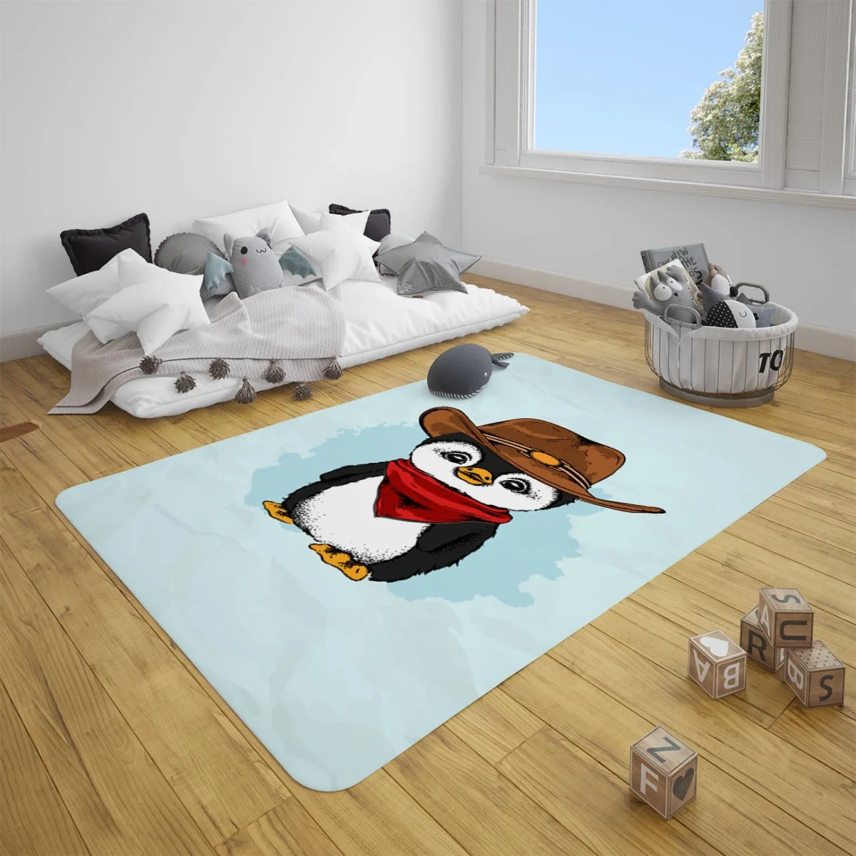 Kovboy Penguen Çocuk Halısı | Mavi Soyut su sıçramaları Desenli
