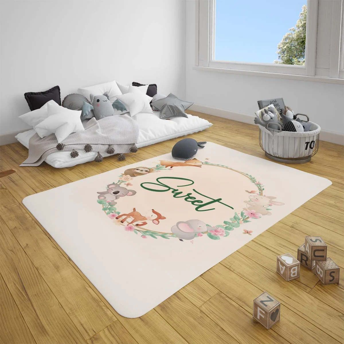 Orman Hayvanları Çocuk Halısı | Beyaz yapraklar, çiçekler Desenli