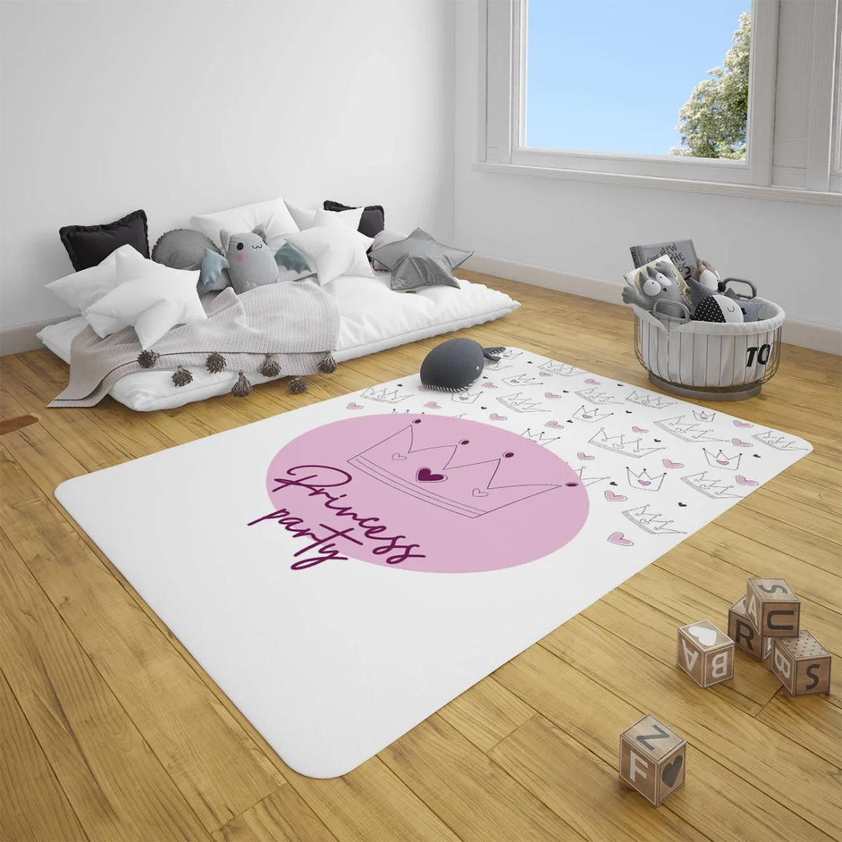 Prenses Çocuk Halısı | Beyaz taçlar, kalpler Desenli