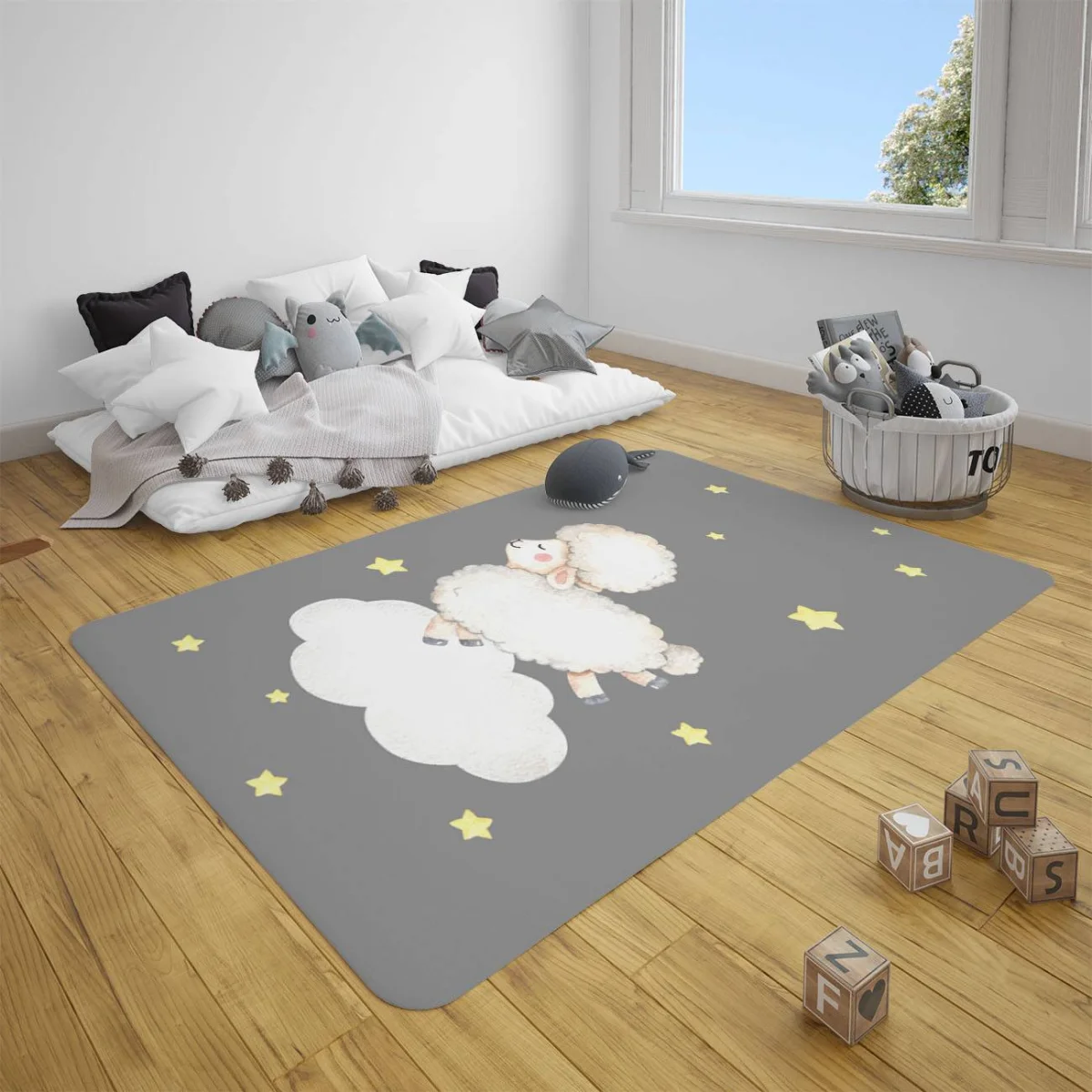 Kuzu Çocuk Halısı | Gri yıldızlar, bulut Desenli