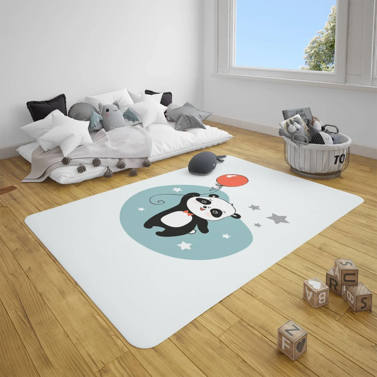Panda Çocuk Halısı | Açık Mavi balon, yıldız Desenli
