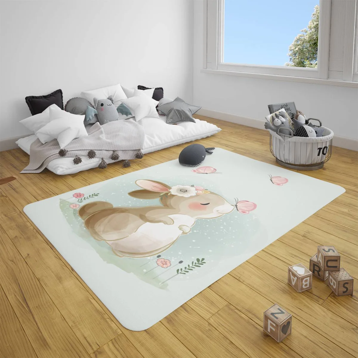 Tavşan Çocuk Halısı | Açık Mavi kelebekler, çiçekler Desenli