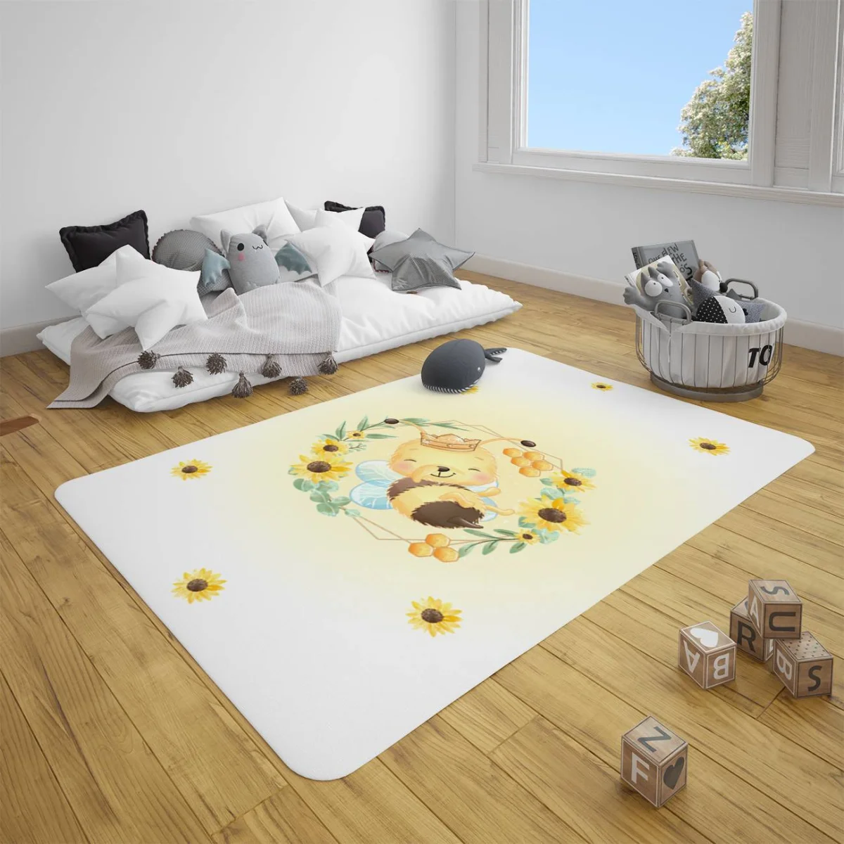 Arı Çocuk Halısı | Sarı Ayçiçeği, bal peteği Desenli