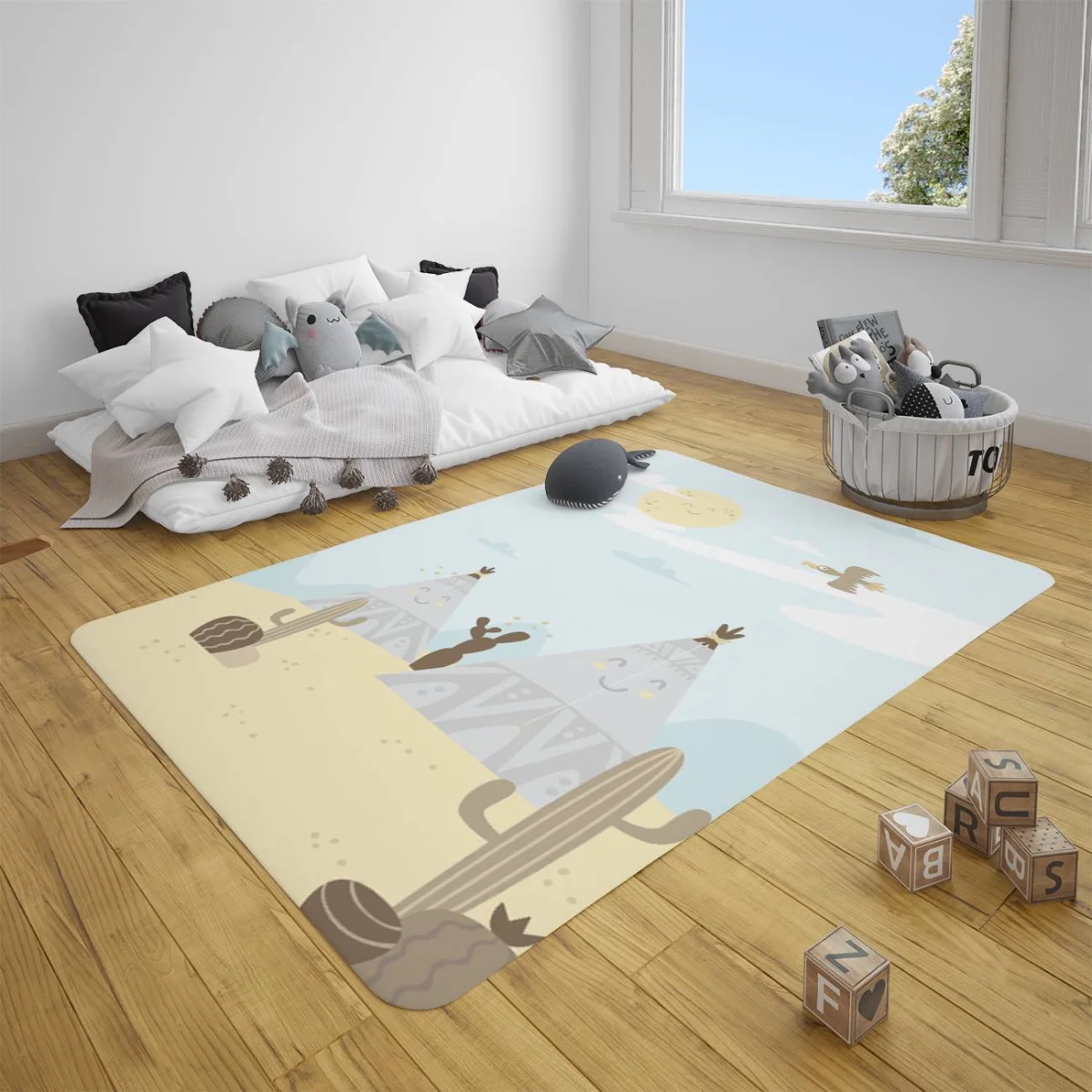 Kızılderili Çadır ve Kaktüsler Çocuk Halısı | Mavi Gülümseyen güneş, bulutlar Desenli