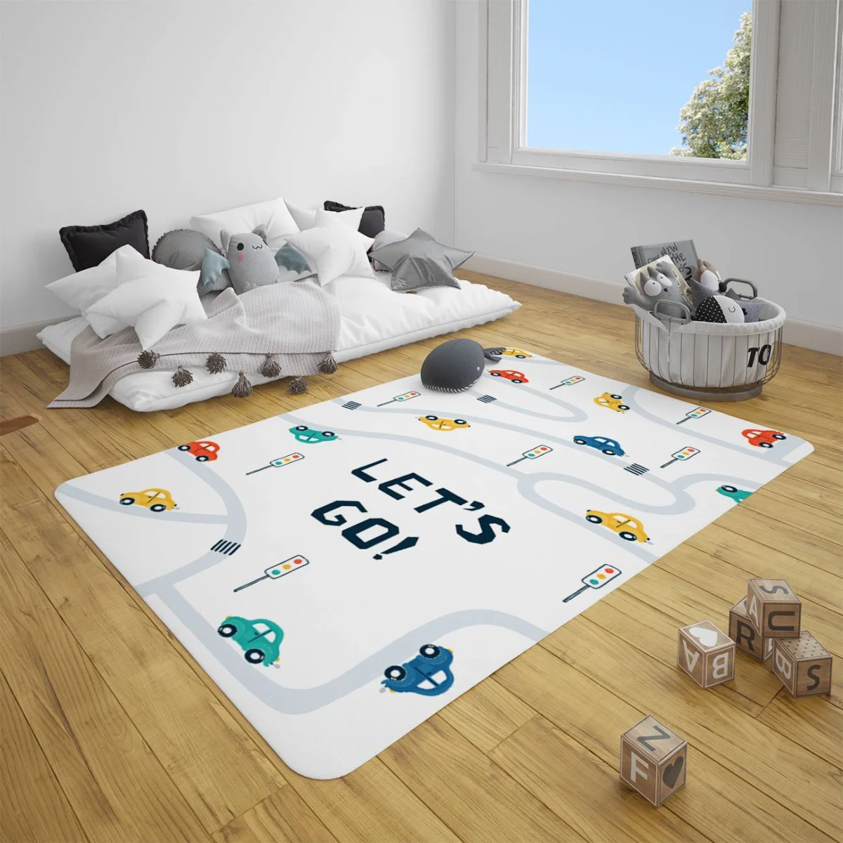 Arabalar Çocuk Halısı | Beyaz Yol, trafik lambaları Desenli