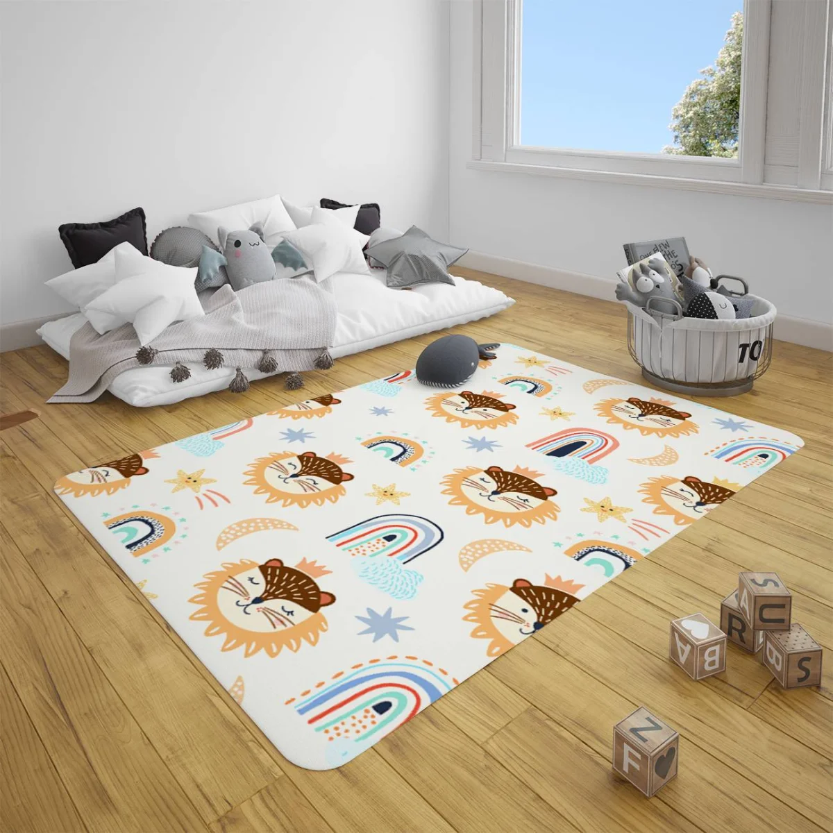 Orman Hayvanları Çocuk Halısı | Beyaz gökkuşağı, yıldız Desenli
