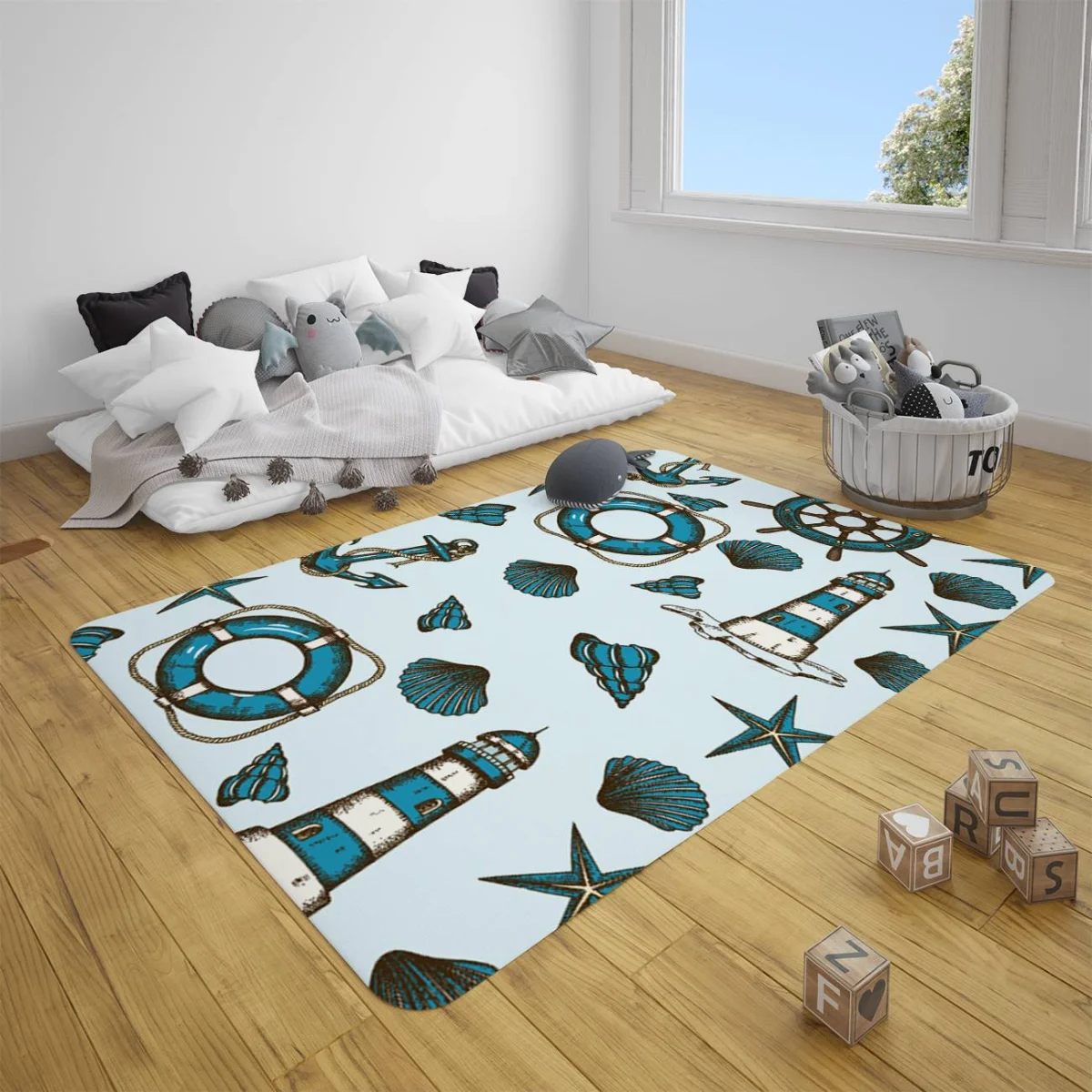 Denizcilik Çocuk Halısı | Mavi Çapa, can simidi Desenli