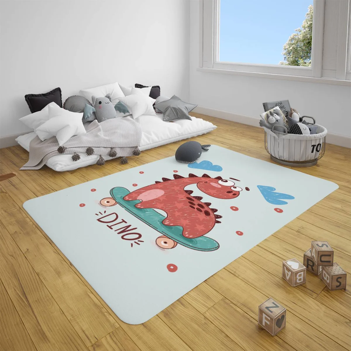 Dinozor Çocuk Halısı | Mavi bulutlar, kaykay Desenli