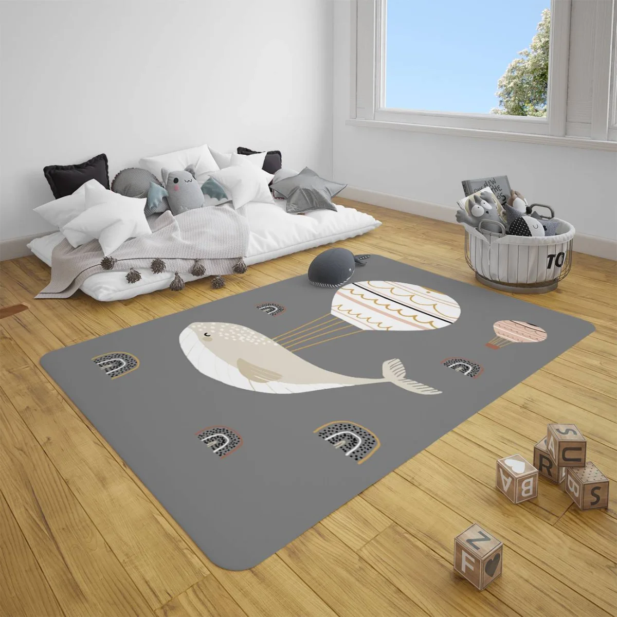 Balina ve Sıcak Hava Balonu Çocuk Halısı | Gri gökkuşağı, sıcak hava balonu Desenli