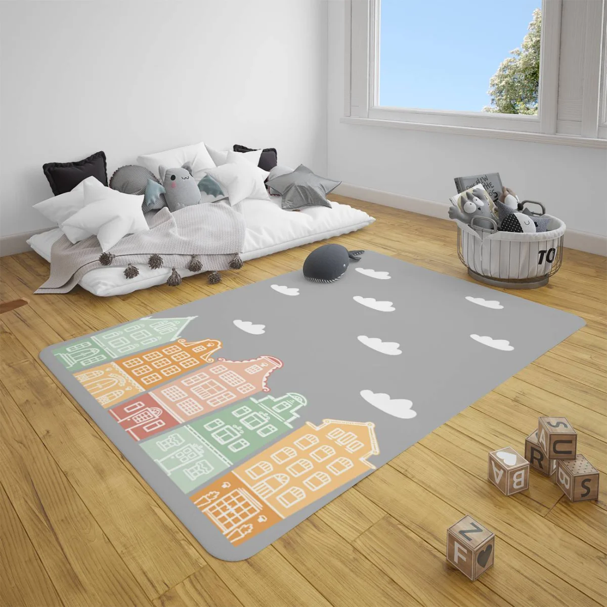 Evler, şehir silüeti Çocuk Halısı | Gri Bulut, renkli evler Desenli