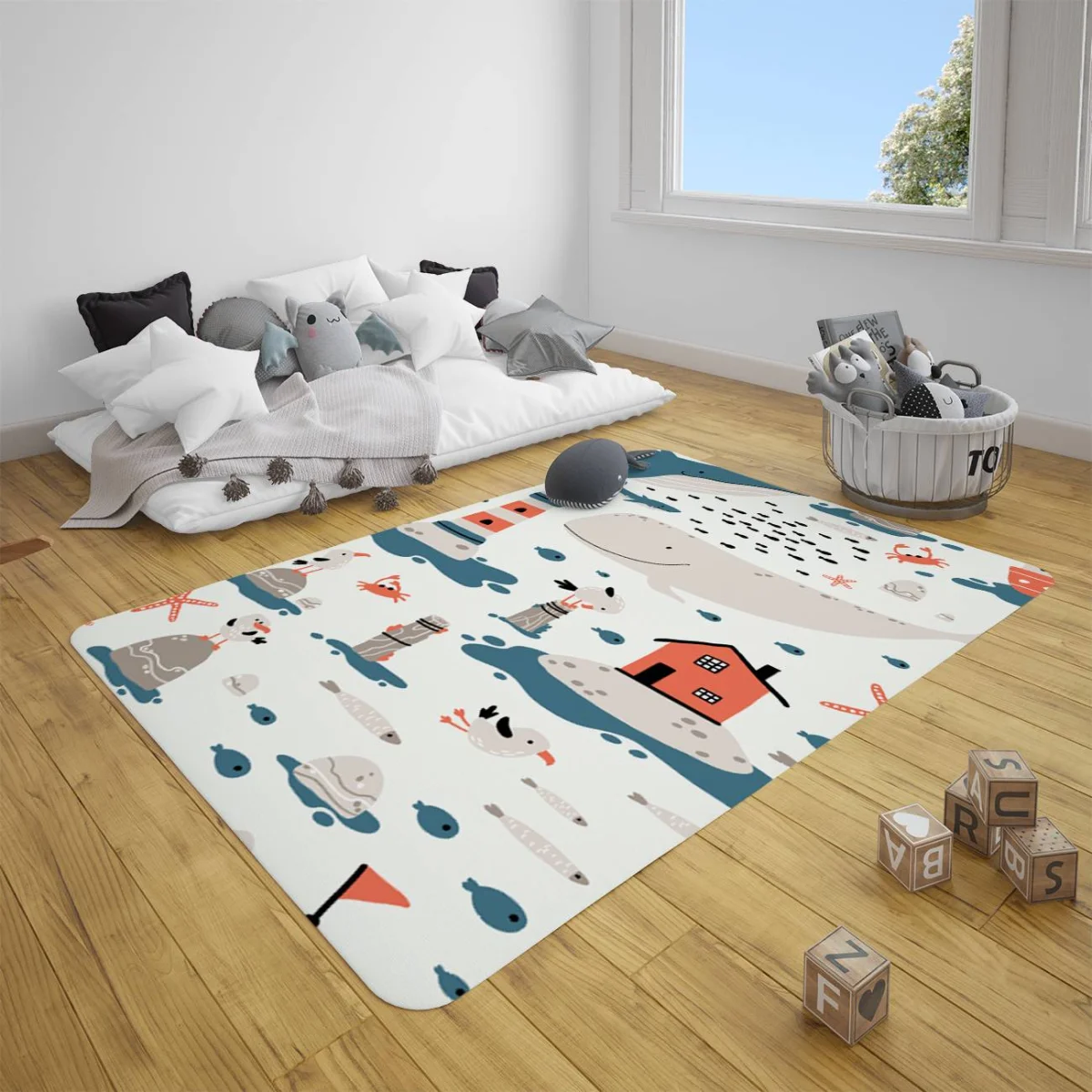 Deniz Teması Çocuk Halısı | Beyaz Balina, deniz feneri Desenli