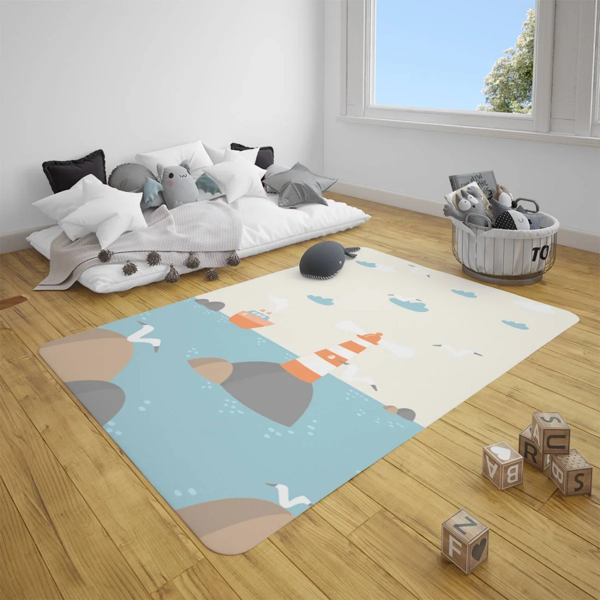 Denizcilik / Deniz kenarı Çocuk Halısı | Krem deniz feneri, gemi Desenli