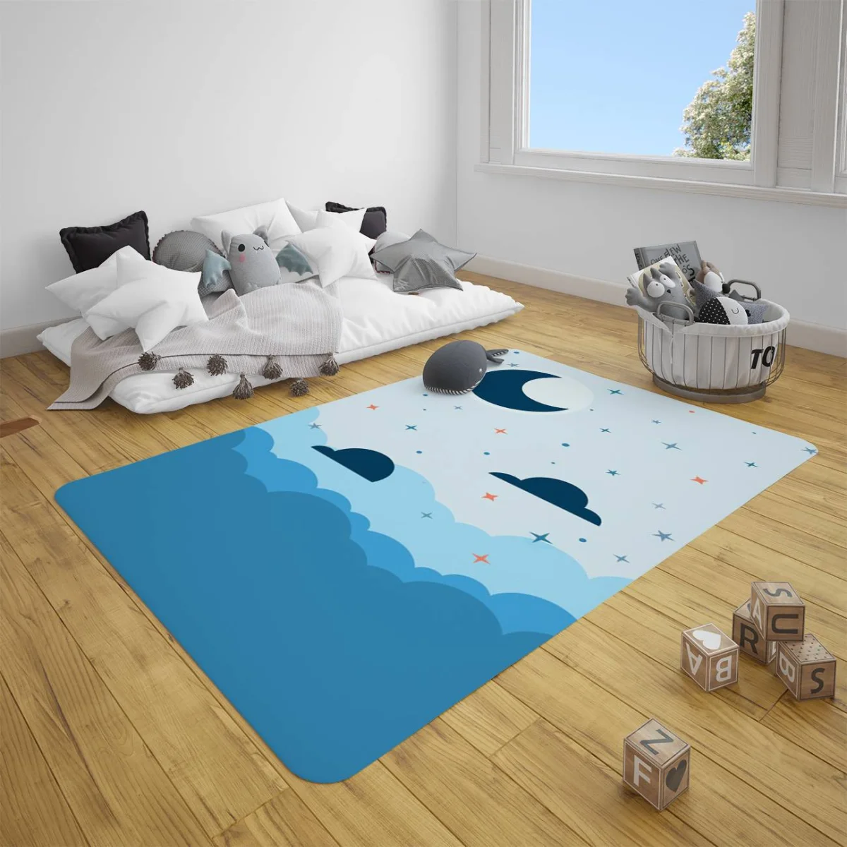 Ay ve Bulutlar Çocuk Halısı | Mavi Ay, bulut Desenli