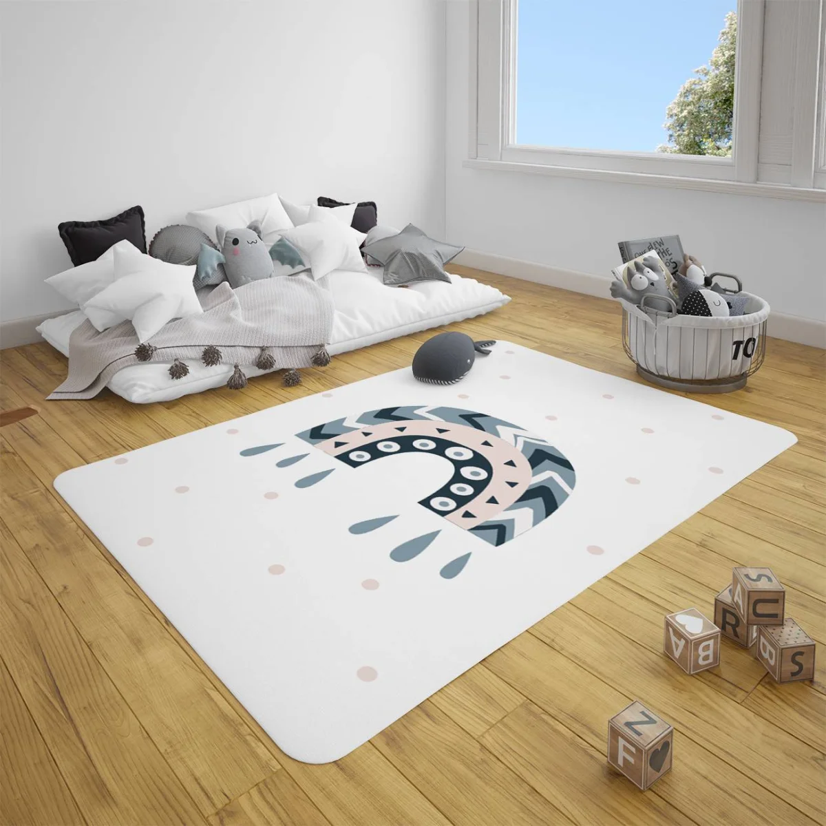 Gökkuşağı Çocuk Halısı | Beyaz Gökkuşağı, geometrik desenler Desenli