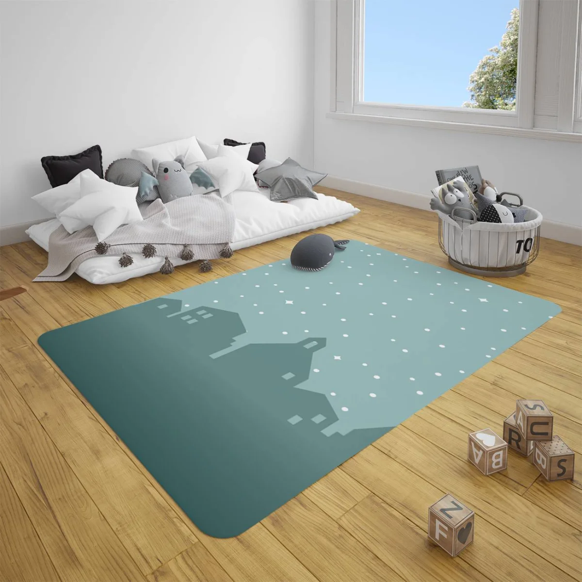 Şehir Silüeti Çocuk Halısı | Mavi-yeşil yıldızlar, noktalar Desenli