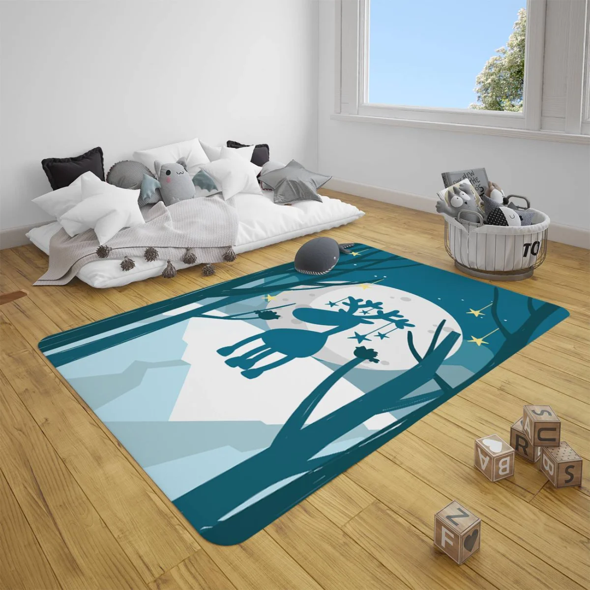 Geyik Çocuk Halısı | Mavi yıldızlar, ay Desenli