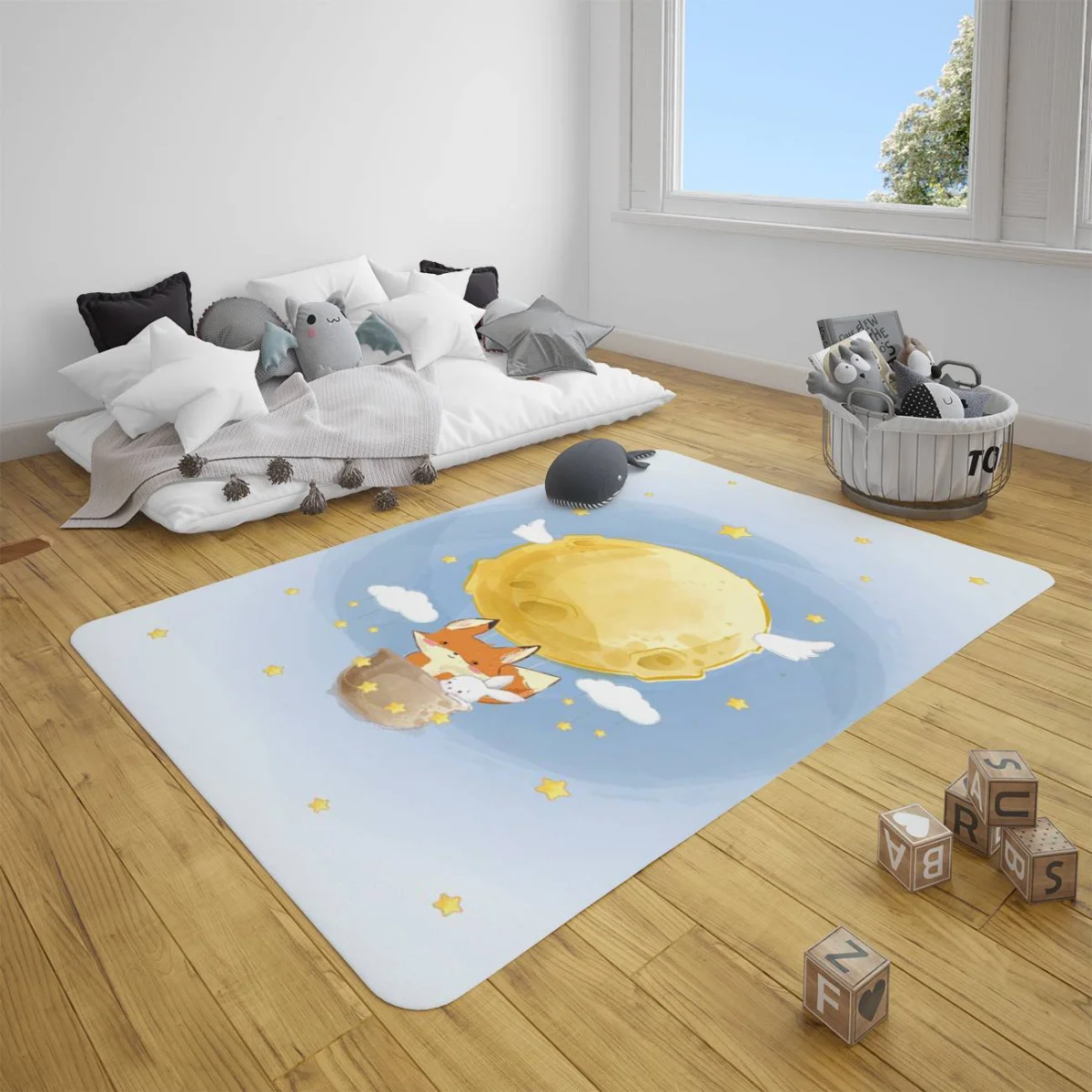 Uzay, Hayvanlar Çocuk Halısı | Mavi yıldız, bulut Desenli