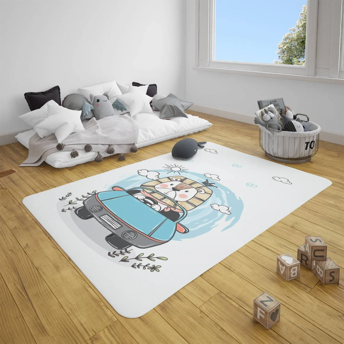 Aslan ve Araba Çocuk Halısı | Mavi bulut, güneş Desenli