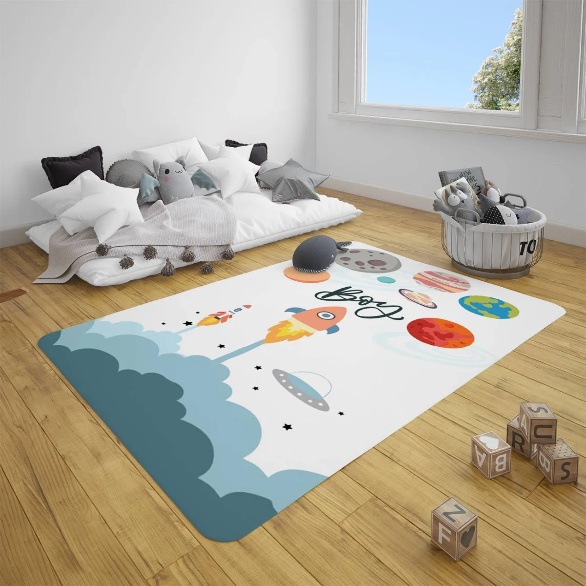 Uzay Çocuk Halısı | Beyaz roketler, gezegenler Desenli