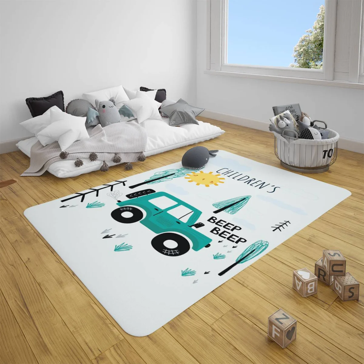 Araç Çocuk Halısı | Beyaz güneş, ağaçlar Desenli