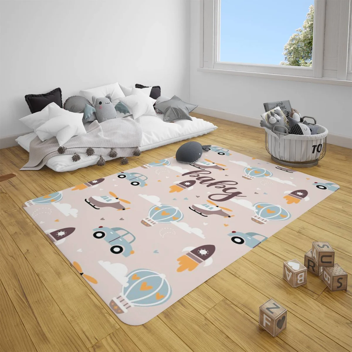 Ulaşım Araçları Çocuk Halısı | Bej roket, helikopter Desenli