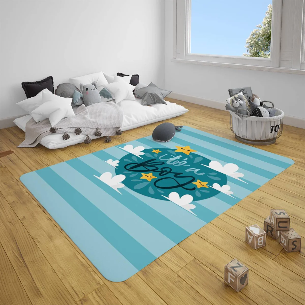 Yıldızlar ve Bulutlar Çocuk Halısı | Mavi Yıldız, bulut Desenli