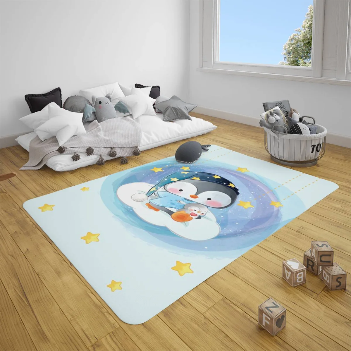 Penguen Çocuk Halısı | Mavi yıldızlar, bulutlar Desenli