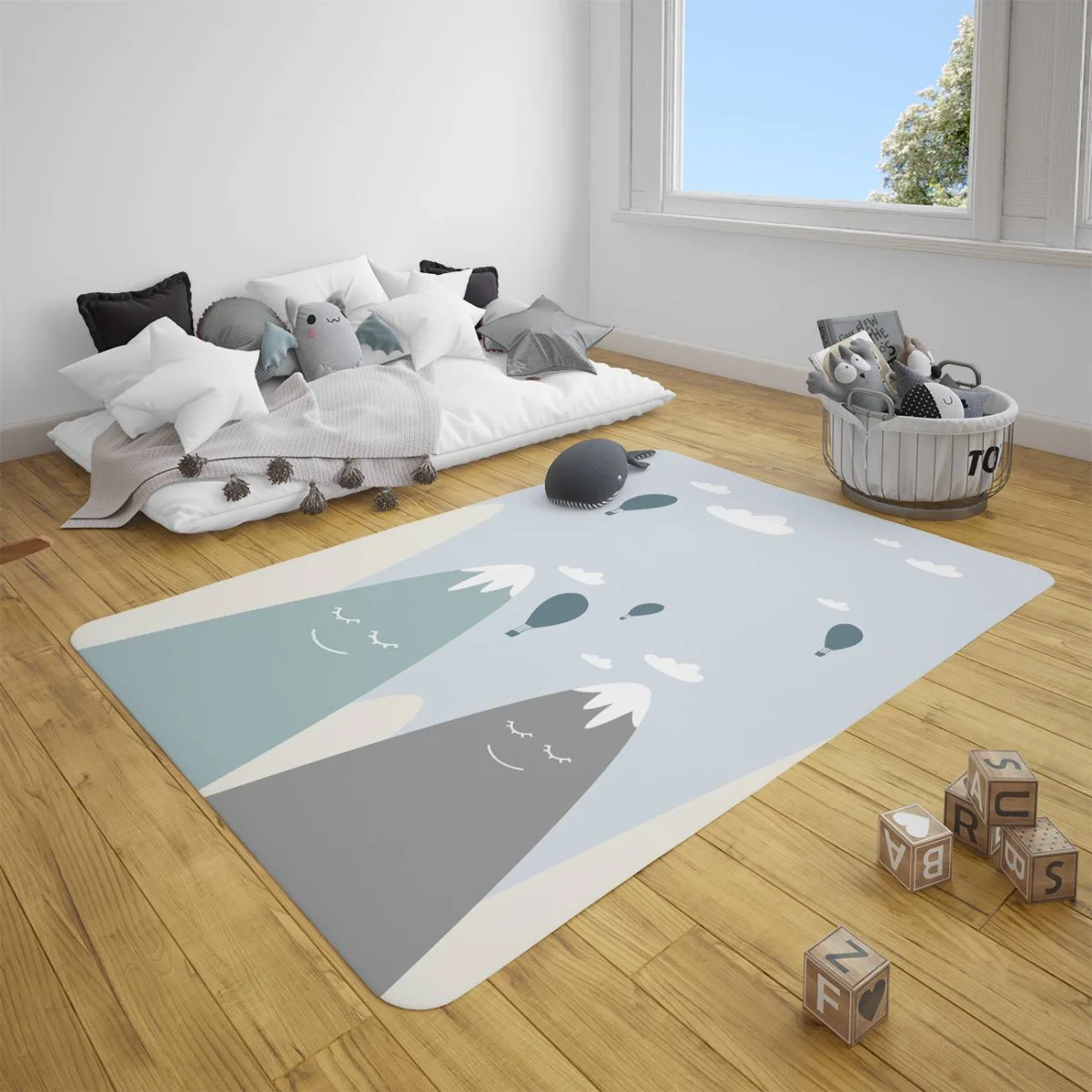 Dağlar, Balonlar Çocuk Halısı | Mavi Bulutlar, Gülen Yüzler Desenli