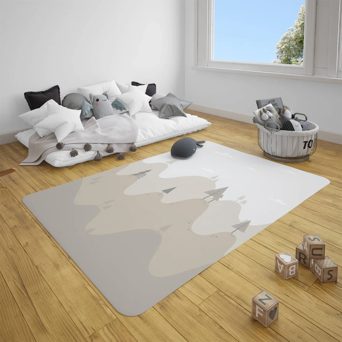 Doğa, Orman, Dağlar Çocuk Halısı | Beyaz tepeler, ağaçlar Desenli