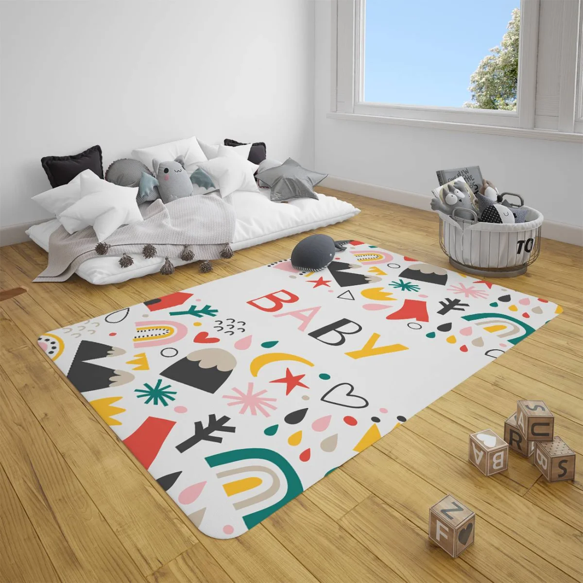 Baby teması Çocuk Halısı | Beyaz gökkuşağı, dağlar Desenli
