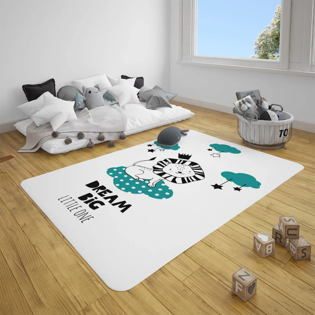 Aslan Çocuk Halısı | Beyaz bulutlar, yıldızlar Desenli