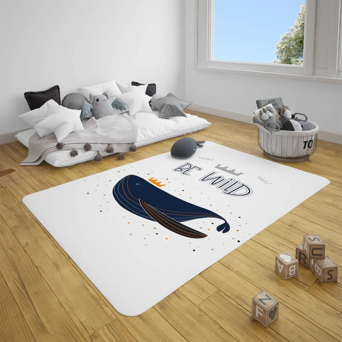 Deniz Hayvanları (Balina, Ahtapot) Çocuk Halısı | Beyaz Taç, minik noktalar Desenli