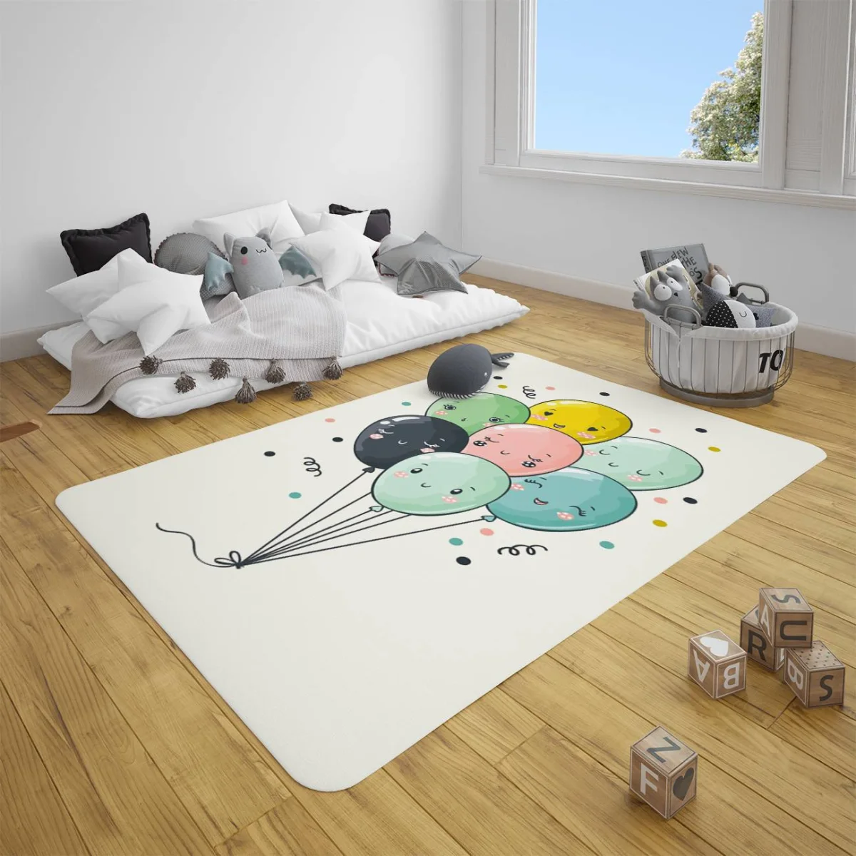 Sevimli Balonlar Çocuk Halısı | Ekru gökkuşağı, bulutlar Desenli