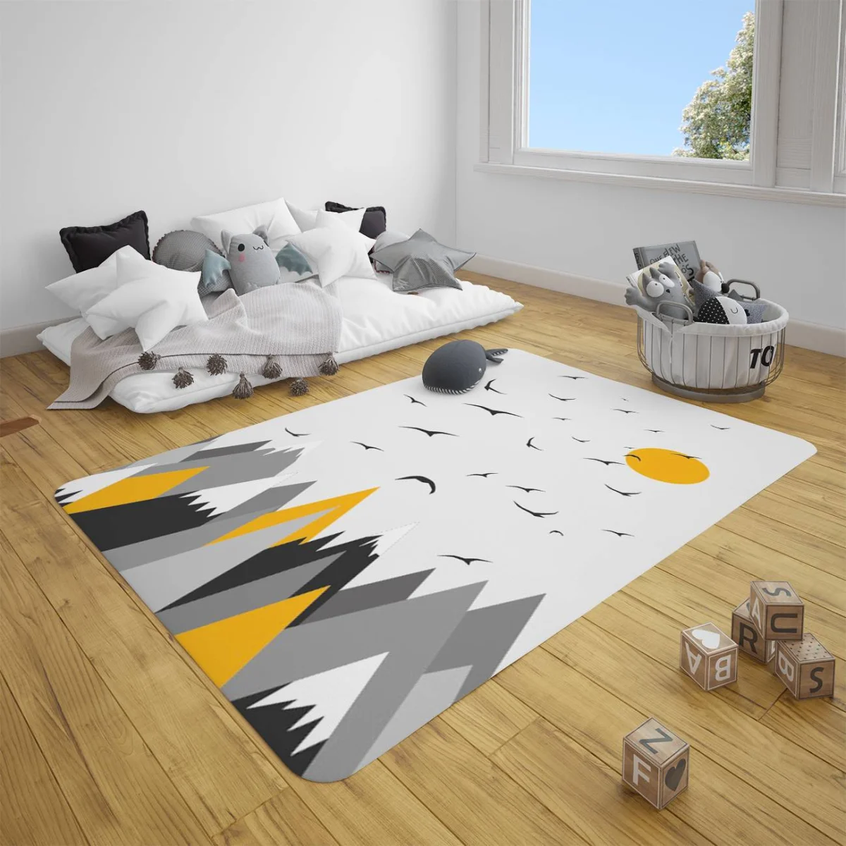Dağ Manzarası ve Kuşlar Çocuk Halısı | Beyaz dağlar, kuşlar Desenli