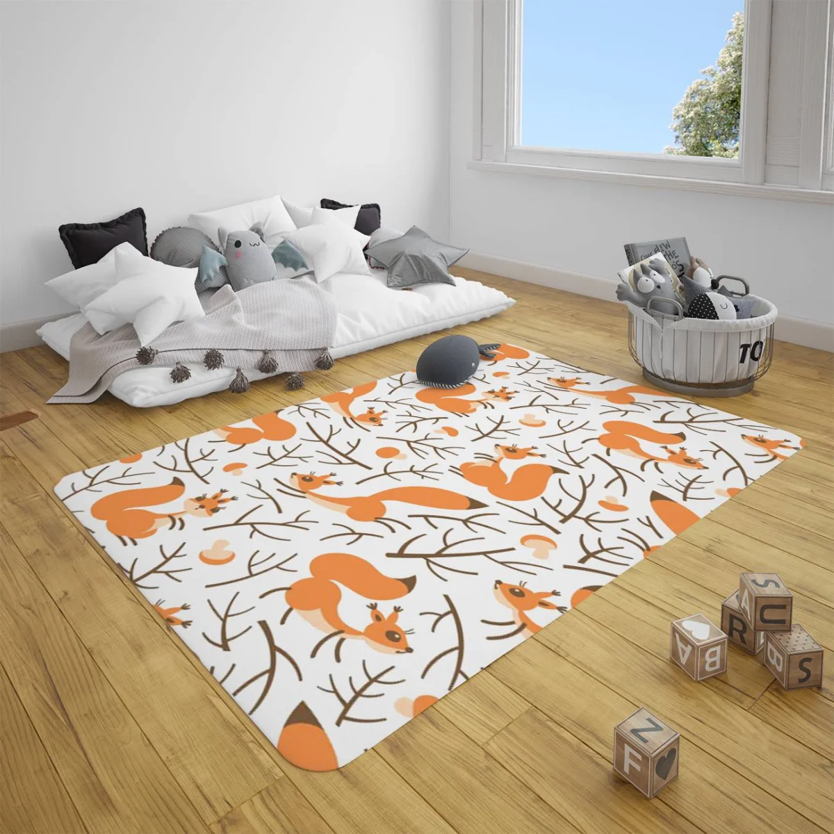 Sincaplar Çocuk Halısı | Beyaz ağaç dalları, mantar Desenli