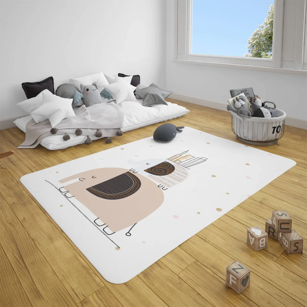 Şehirli Filler Çocuk Halısı | Beyaz pembe ve altın rengi puantiyeler, şehir binaları Desenli