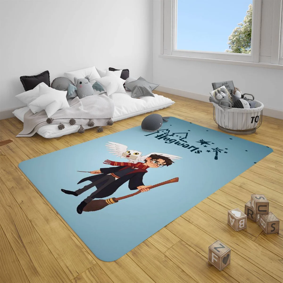 Harry Potter Çocuk Halısı | Mavi yıldızlar, Hogwarts şato Desenli