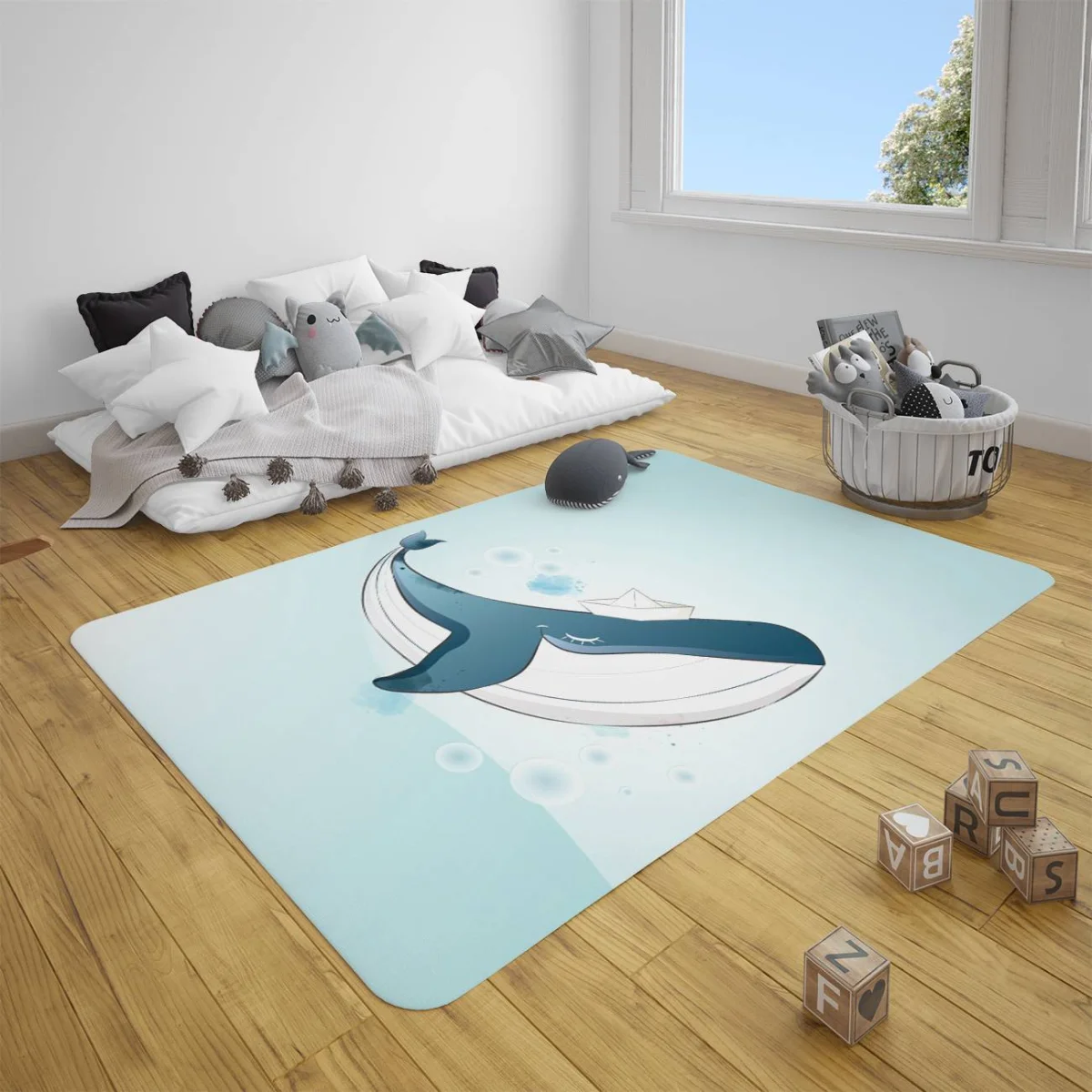 Balina Çocuk Halısı | Açık Mavi Baloncuklar, kağıt gemi Desenli