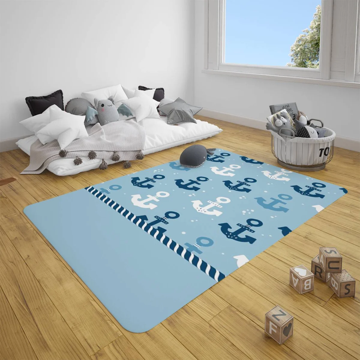Çapa Çocuk Halısı | Mavi Halat deseni, beyaz noktalar Desenli