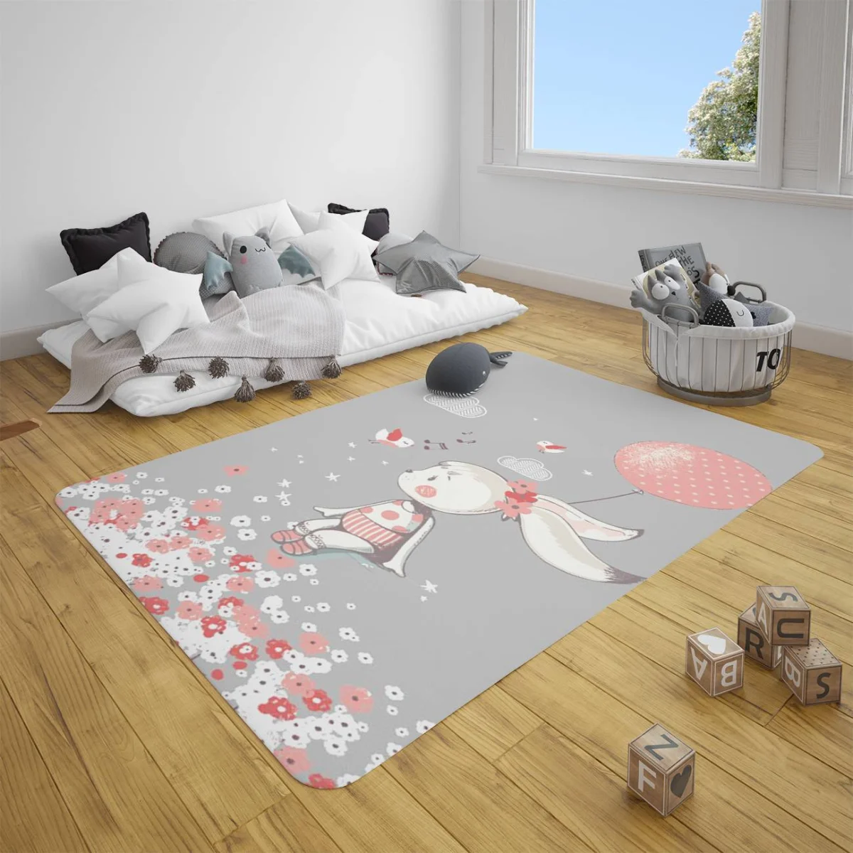 Tavşan ve Kuşlar Çocuk Halısı | Gri Bulut, yıldız Desenli