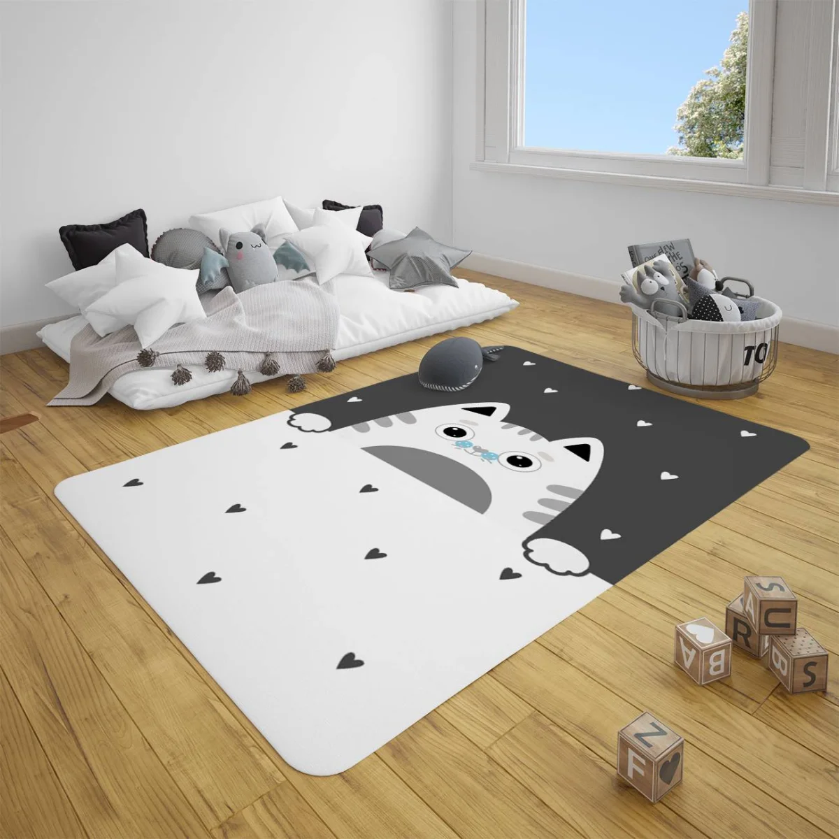 Kedi Çocuk Halısı | Beyaz kalp desenleri, kuşlar Desenli