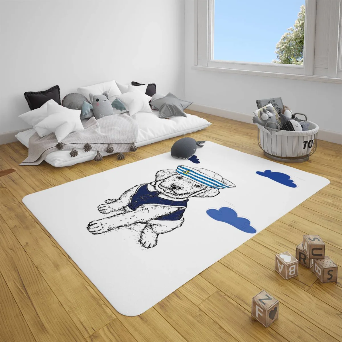 Denizci Yavru Köpek Çocuk Halısı | Beyaz mavi bulutlar, çapa Desenli