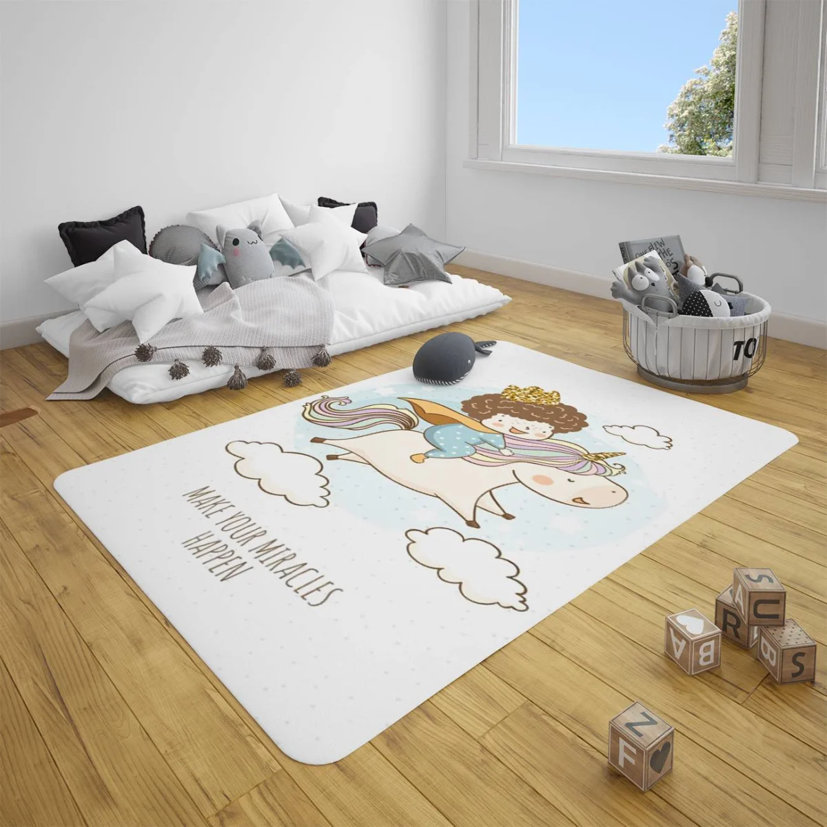 Unicorn Çocuk Halısı | Beyaz yıldız, bulut Desenli