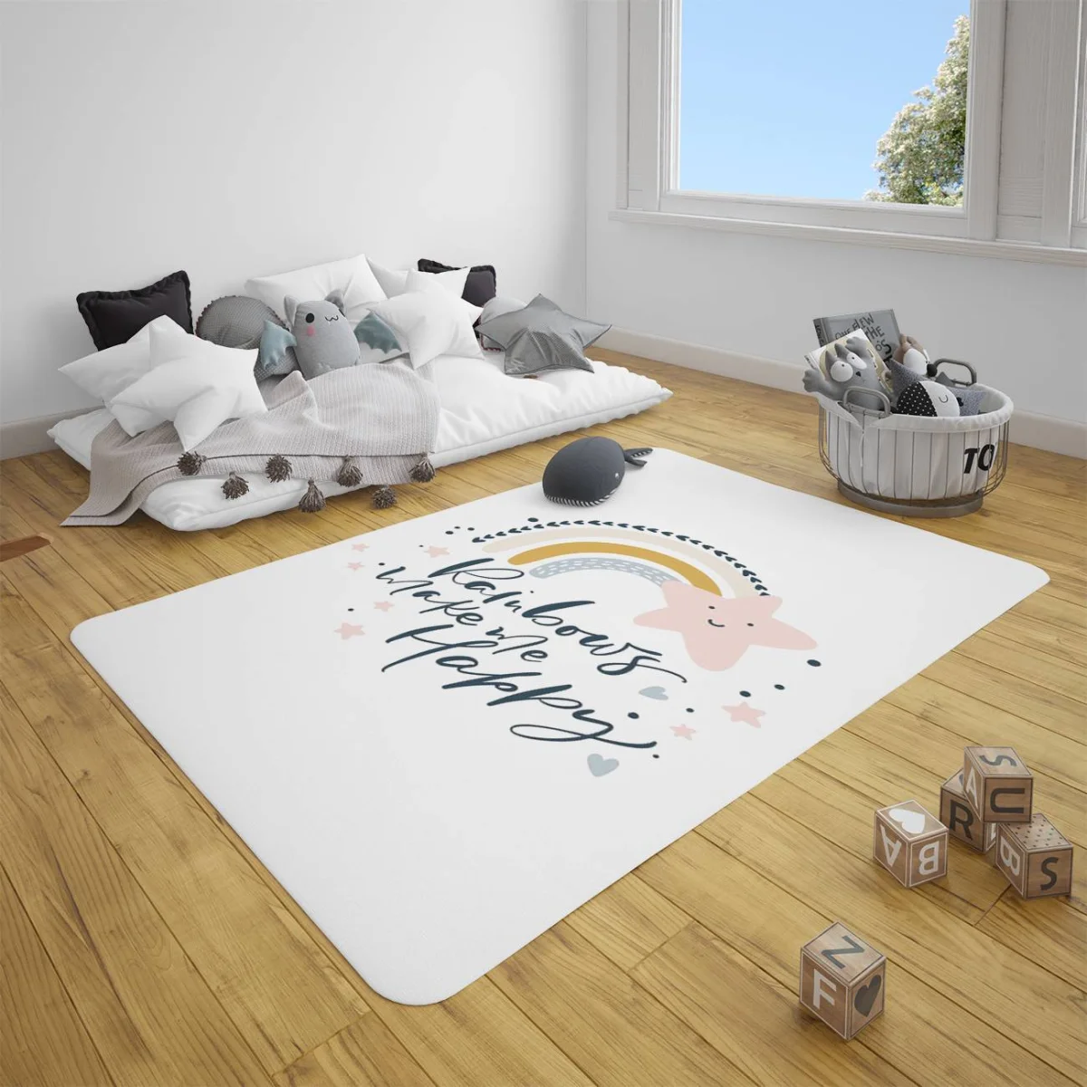 Gökkuşağı ve Yıldızlar Çocuk Halısı | Beyaz gökkuşağı, yıldızlar Desenli