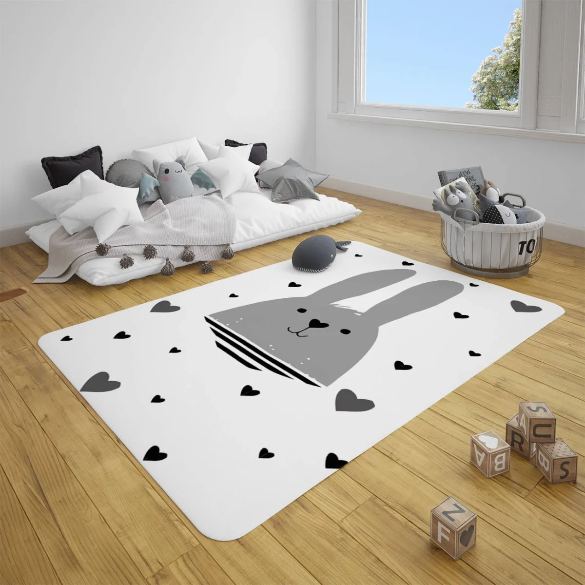 Tavşan Çocuk Halısı | Beyaz kalp desenleri Desenli